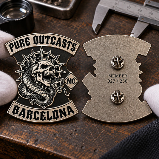Numbered edition motorcycle club pin with custom backside marking.
