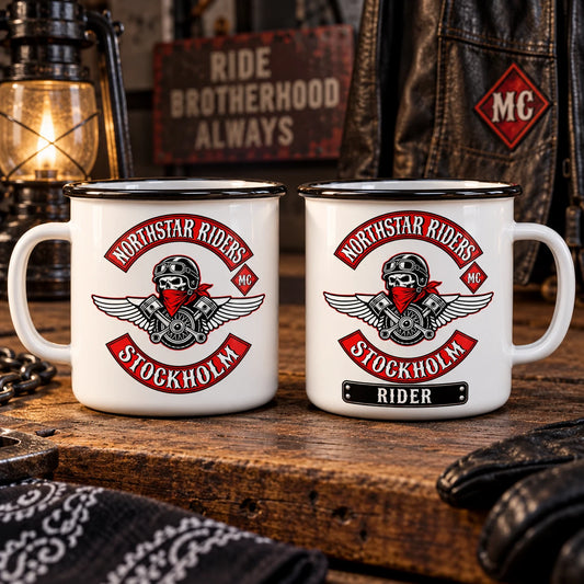 Two complete matching enamel mugs, both bearing the club emblem, with one also showing a restrained personalized nameplate reading RIDER.