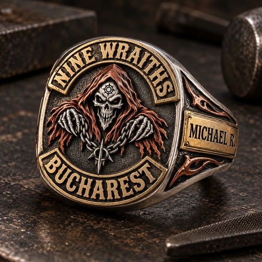 Member Name designed from an authorized motorcycle club emblem in 925 Sterling Silver + Brass + Red Copper natural metal tones.