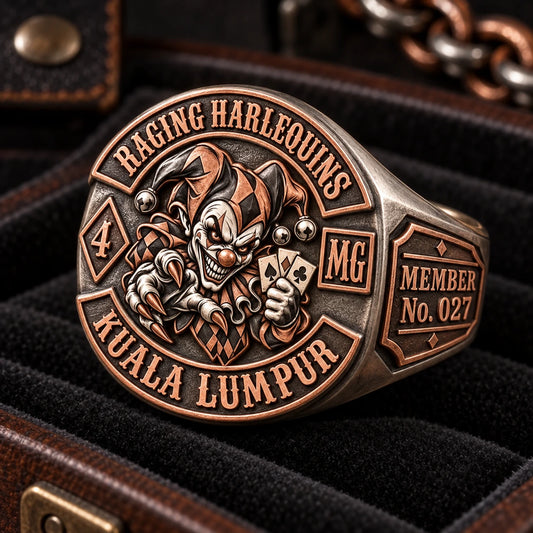 Member Number designed from an authorized motorcycle club emblem in White Copper + Red Copper natural metal tones.