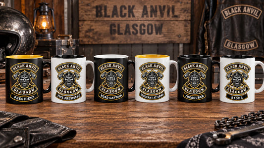 Wide inspection-table lineup of six complete coordinated mugs, every mug carrying the same club emblem, with restrained role variations such as PRESIDENT, ROAD CAPTAIN and RIDER plus rim-color differences.