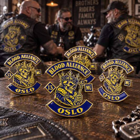 Matching Blood Alliance Oslo 3D color pins for motorcycle club members