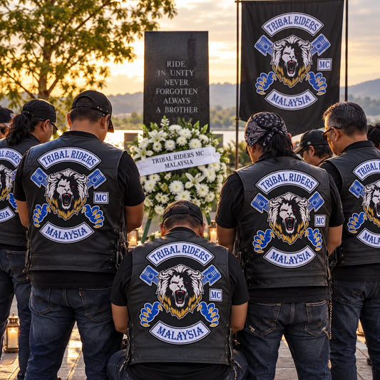 Chapter officers wearing matching rank patches at an anniversary memorial ride.