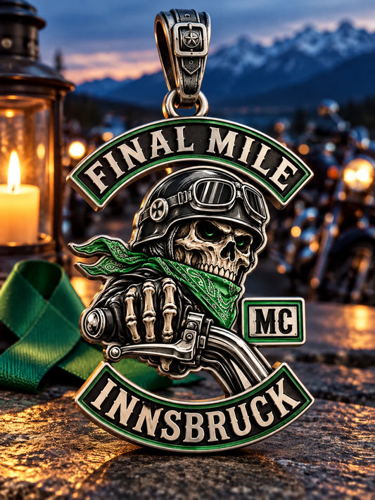 Final Mile motorcycle club zinc alloy pendant arranged as a respectful memorial and charity ride keepsake.