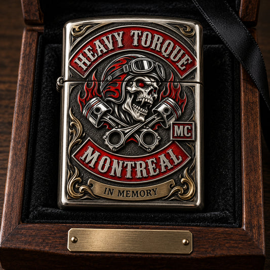 Respectful memorial-edition motorcycle club lighter in a dark walnut presentation box.
