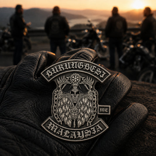 Antique silver memorial pin created around an approved motorcycle club emblem.