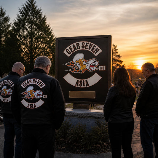 Respectful motorcycle club memorial metal sign displayed during a quiet remembrance gathering.