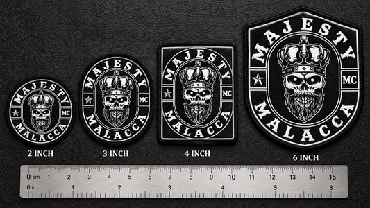 Motorcycle memorial patch sizes and shapes compared from compact to large formats.