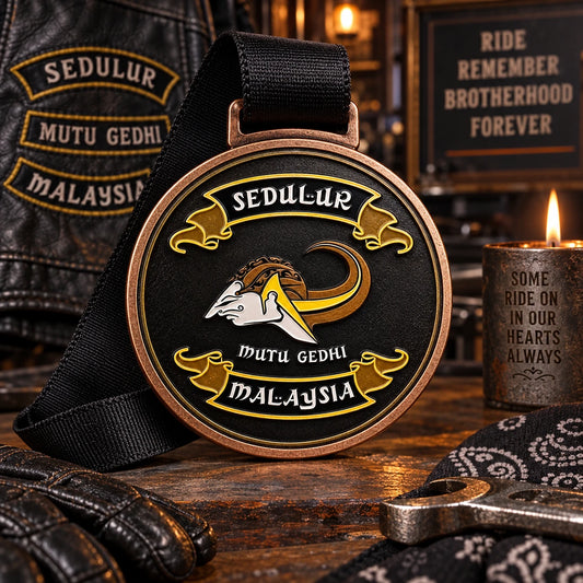 Respectful memorial ride display with solid antique-copper medal and folded black ribbon. Custom motorcycle club medal.