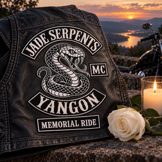 Custom motorcycle club event patch featuring the jade serpents yangon logo for respectful memorial ride.