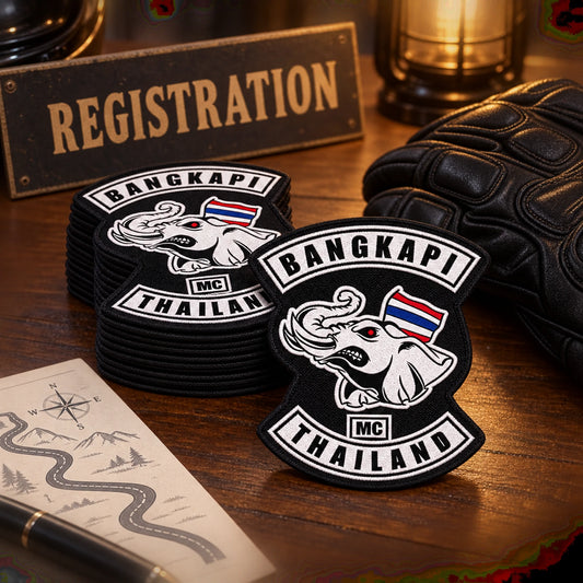 Custom memorial ride patches prepared for motorcycle event participants.