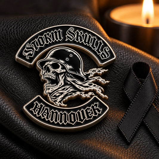 Storm Skulls Hannover memorial 3D pin beside a black remembrance ribbon