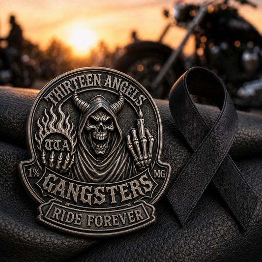 Connected THIRTEEN ANGELS memorial club pin with sculpted grim reaper relief and an embossed RIDE FOREVER tribute band.