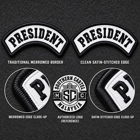 Merrowed and clean stitched border options for motorcycle club officer patches.