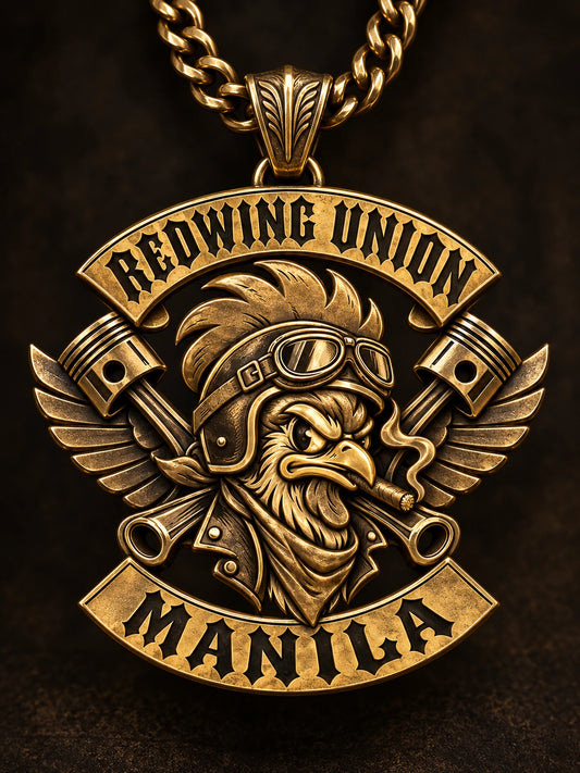 Single-Metal Pendant represented by a unique custom motorcycle-club pendant with complete chain and sculptural mixed-metal architecture.