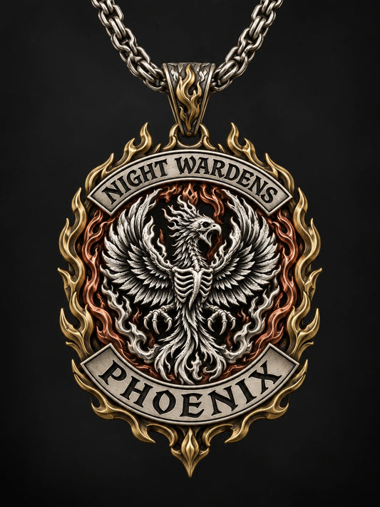 Multi-Metal Pendant represented by a unique custom motorcycle-club pendant with complete chain and sculptural mixed-metal architecture.