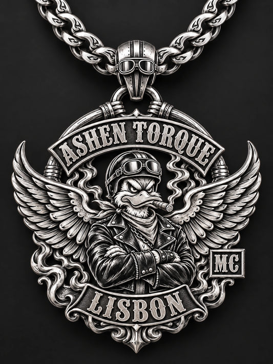 925 Sterling Silver represented by a unique custom motorcycle-club pendant with complete chain and sculptural mixed-metal architecture.
