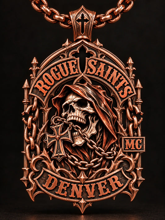 Copper represented by a unique custom motorcycle-club pendant with complete chain and sculptural mixed-metal architecture.