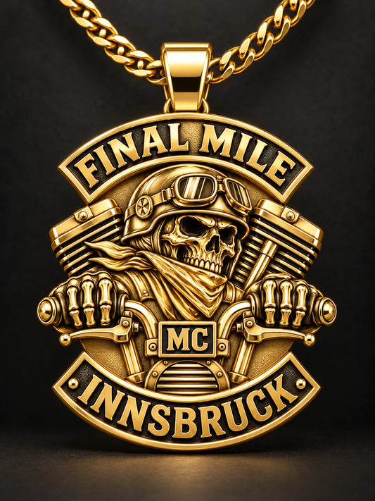 Bright 18K gold plated custom FINAL MILE motorcycle club pendant with complete chain and sculptural rider details.