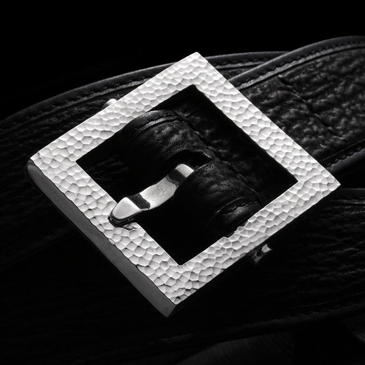 Minimal Hammered Silver Ostrich Leather Biker Belt — detail view 1
