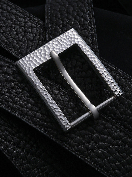 Minimal Wood-Grain Silver Leather Biker Belt — product view