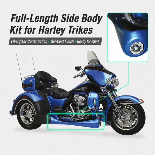 Full-length fiberglass side body kit installed on a blue Harley trike with integrated light detail