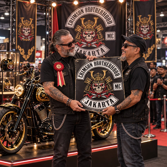 Custom motorcycle club metal sign used as a display and presentation prize at an indoor bike show.