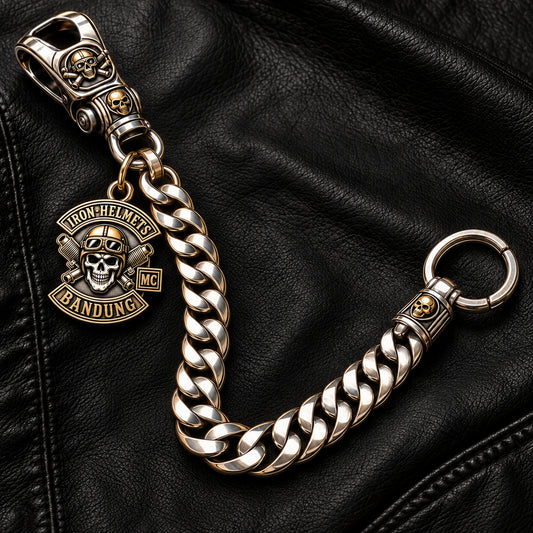 Custom motorcycle club cuban curb chain style shown as a physically plausible open heavy Cuban chain with side tag.