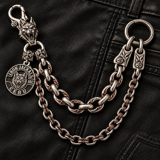 Custom motorcycle club double layered chain shown as a physically plausible two functional drops on reinforced terminals.