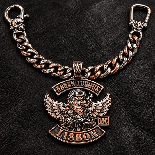 Custom motorcycle club main logo medallion shown as a physically plausible open chain with oversized relief medallion.