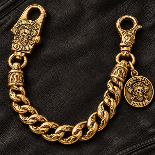 Custom motorcycle club 18k gold material shown as a physically plausible sculptural open chain in warm precious metal.