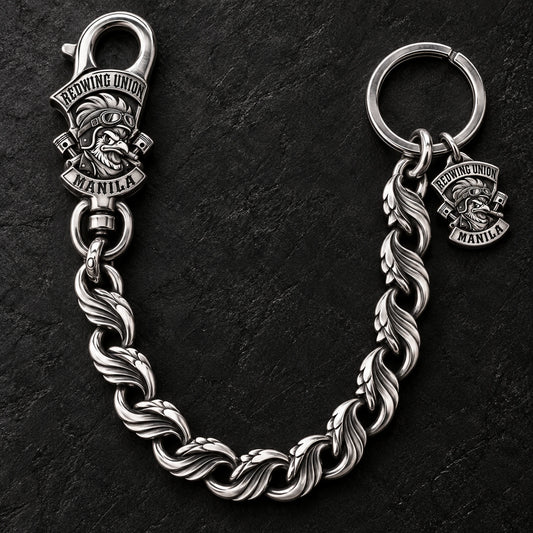 Custom motorcycle club 925 sterling silver material shown as a physically plausible bright silver chain with deep relief.