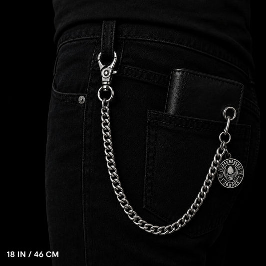 Eighteen-inch motorcycle club wallet chain connected from a denim belt loop to a wallet grommet with a classic drop.