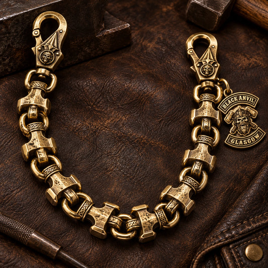 Custom motorcycle club solid brass material shown as a physically plausible heavy brass chain with aged recesses.