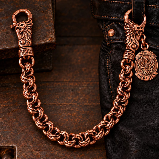 Custom motorcycle club copper material shown as a physically plausible reddish copper chain with natural patina.
