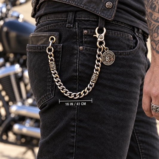 Custom motorcycle club 16 inch short chain shown as a physically plausible same rider series with short controlled drop.