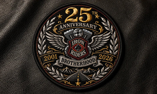 Embroidered motorcycle club 25th founding anniversary patch with 2001 and 2026 milestone years