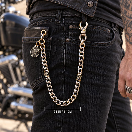 Custom motorcycle club 24 inch long chain shown as a physically plausible same rider series with deepest safe drop.