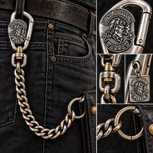 Custom motorcycle club carabiner style clip shown as a physically plausible industrial clip with logo-derived contour.