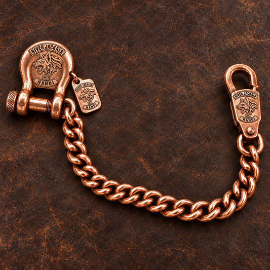 Custom motorcycle club shackle connector shown as a physically plausible threaded shackle joining chain and belt fitting.