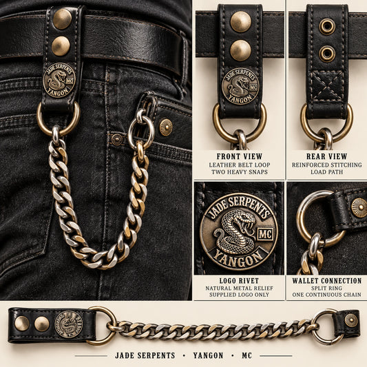Custom motorcycle club leather belt loop shown as a physically plausible snap leather loop with plate and D-ring.