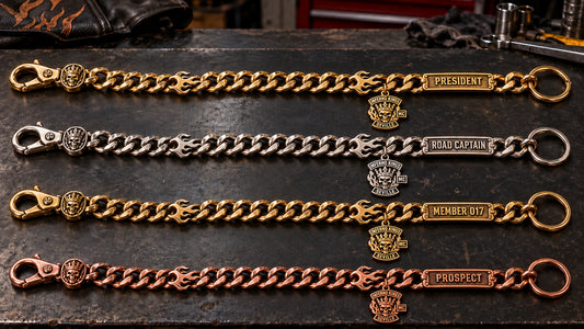 Custom motorcycle club member and chapter personalization shown as a physically plausible four separate open personalized chains.