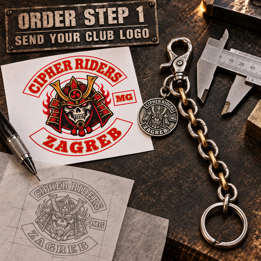 Custom motorcycle club step 1 send logo shown as a physically plausible approved artwork and intake workspace.