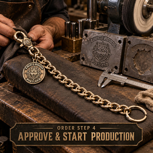 Custom motorcycle club step 4 production shown as a physically plausible finished chain under final inspection.