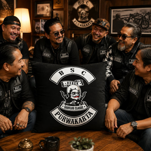 Custom motorcycle club anniversary cushion displayed during a chapter milestone celebration.