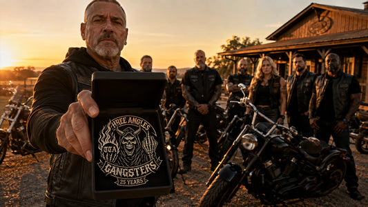Motorcycle club members wearing a custom anniversary badge together outside their clubhouse at sunrise.