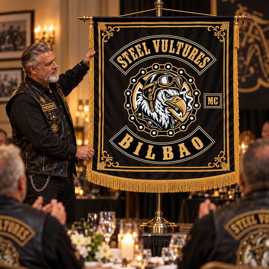 A club president presents a fringed custom anniversary flag during a motorcycle chapter celebration.