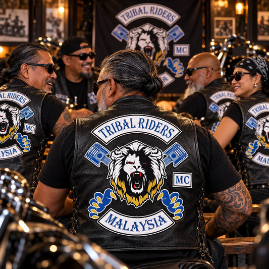 Solid anniversary patches on coordinated cuts shown for a custom motorcycle club patch system in clubhouse anniversary gathering.