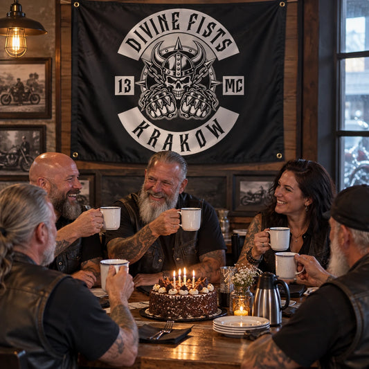 Motorcycle club members use a custom rectangular flag for club anniversary & special events in a realistic American V-twin setting.