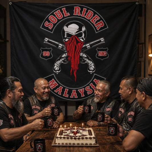 Motorcycle club members use a custom rectangular flag for club anniversary & special events in a realistic American V-twin setting.